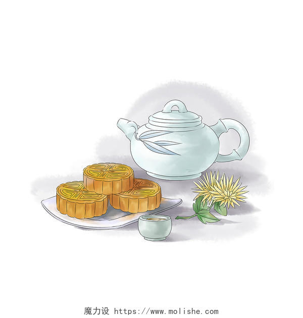 彩色手绘茶壶菊花月饼酒壶餐桌中秋节中元节PNG素材元素